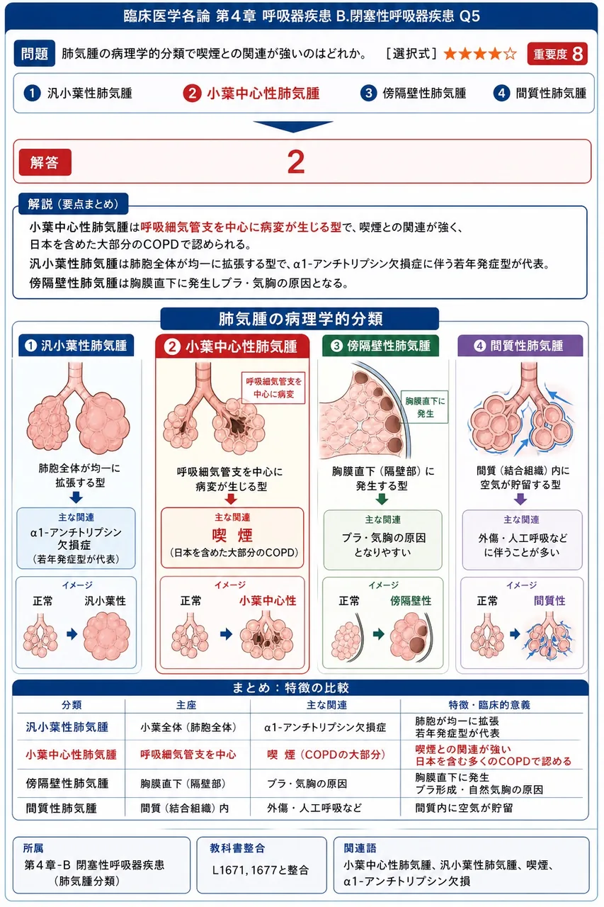 肺気腫の病理学的分類で喫煙との関連が強いのはどれか。 解説図