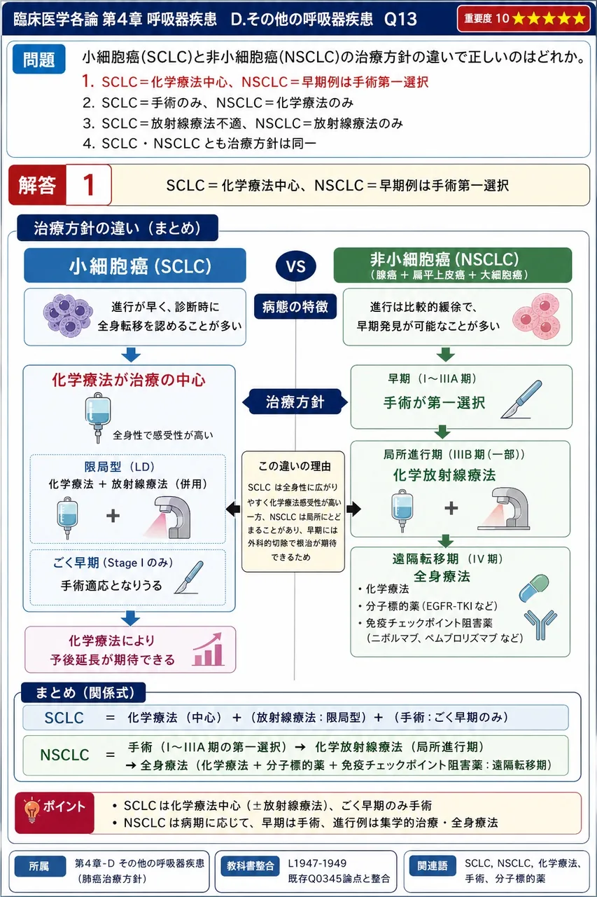 小細胞癌(SCLC)と非小細胞癌(NSCLC)の治療方針の違いで正しいのはどれか。 解説図