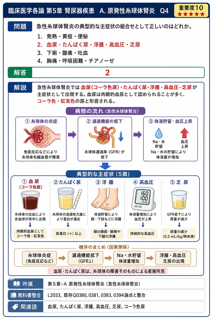 急性糸球体腎炎の典型的な主症状の組合せとして正しいのはどれか。 解説図
