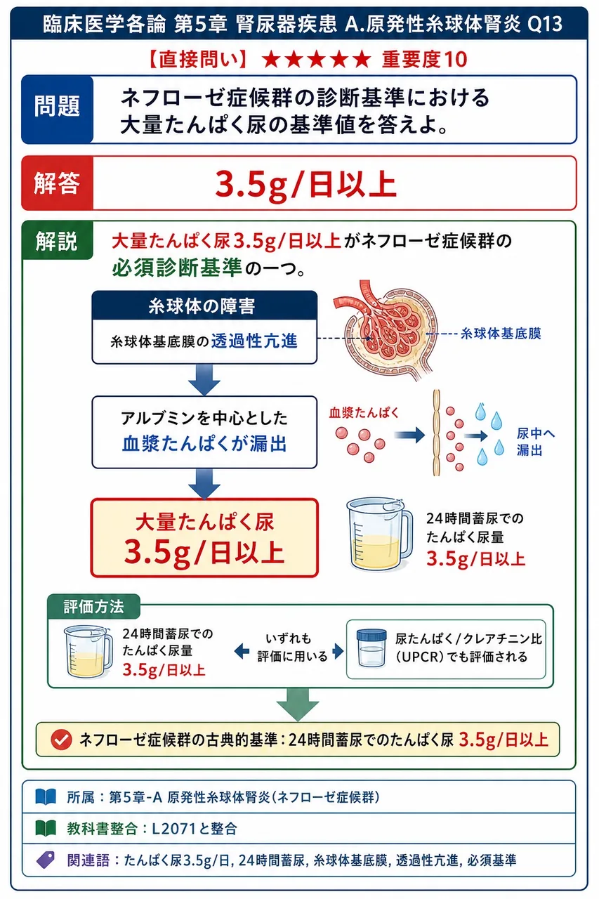 ネフローゼ症候群の診断基準における大量たんぱく尿の基準値を答えよ。 解説図