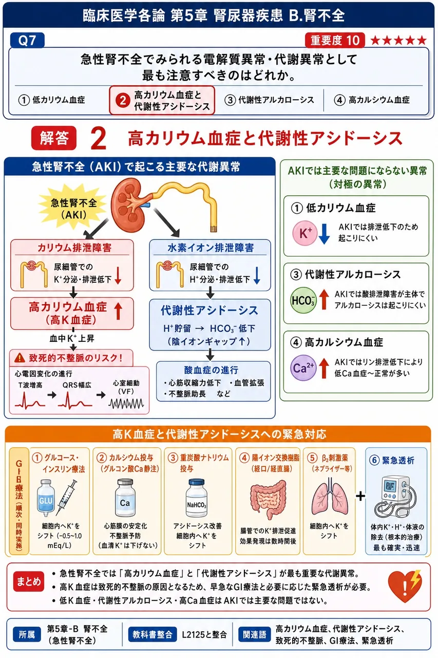 急性腎不全でみられる電解質異常・代謝異常として最も注意すべきのはどれか。 解説図