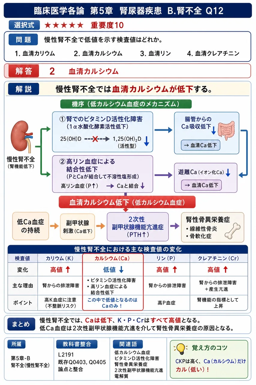慢性腎不全で低値を示す検査値はどれか。 解説図