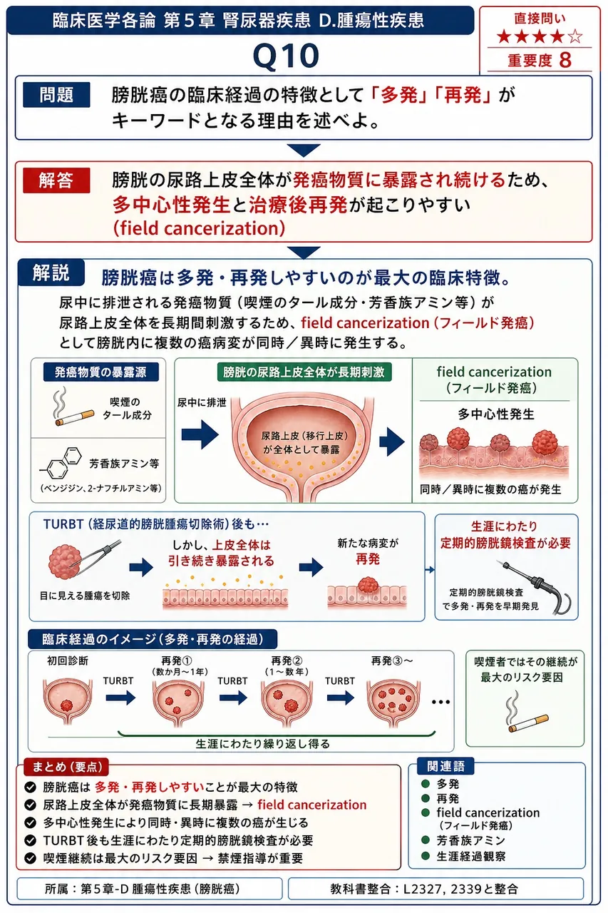 膀胱癌の臨床経過の特徴として「多発」「再発」がキーワードとなる理由を述べよ。 解説図