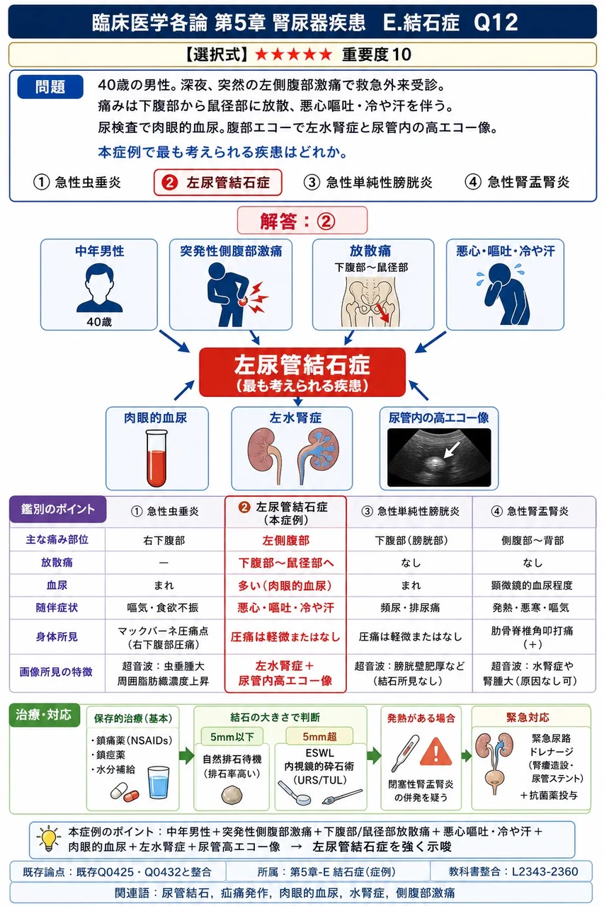 「40歳の男性。深夜、突然の左側腹部激痛で救急外来受診。痛みは下腹部から鼠径部に放散、悪心嘔吐・冷や汗を伴う。尿検査で肉眼的血尿。腹部エコーで左水腎症と尿管内の高エコー像。」本症例で最も考えられる疾患はどれか。 解説図