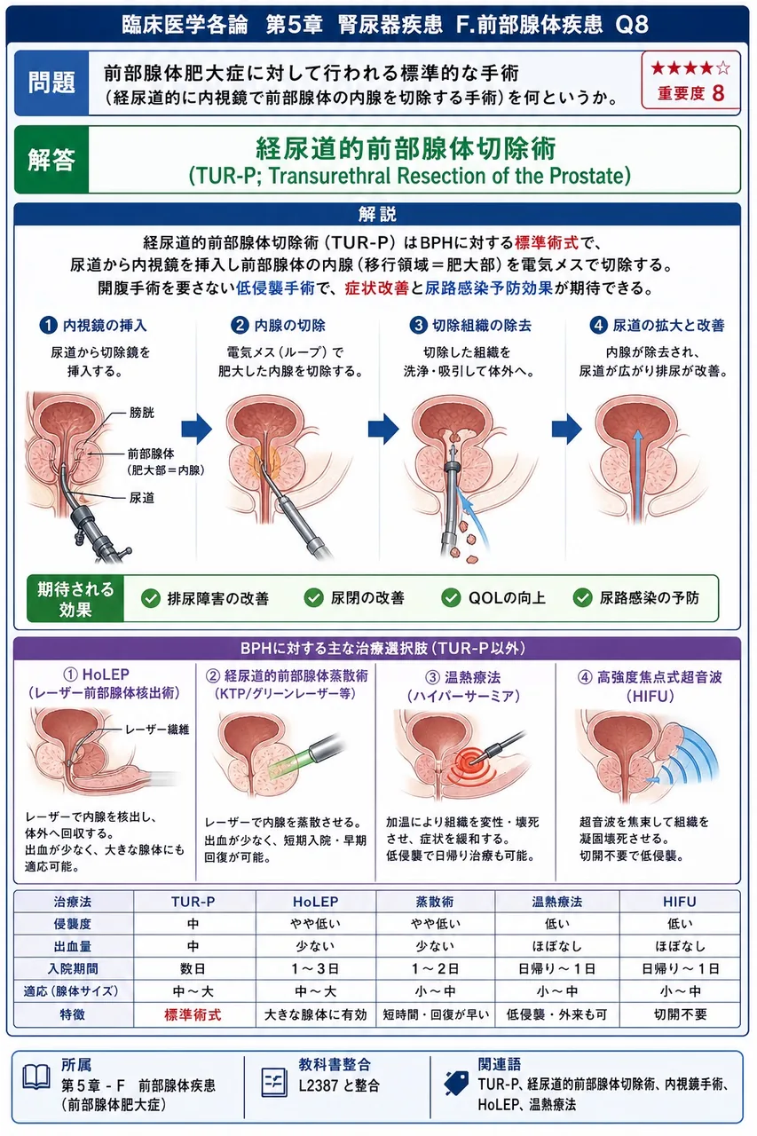 前立腺肥大症に対して行われる標準的な手術(経尿道的に内視鏡で前立腺の内腺を切除する手術)を何というか。 解説図