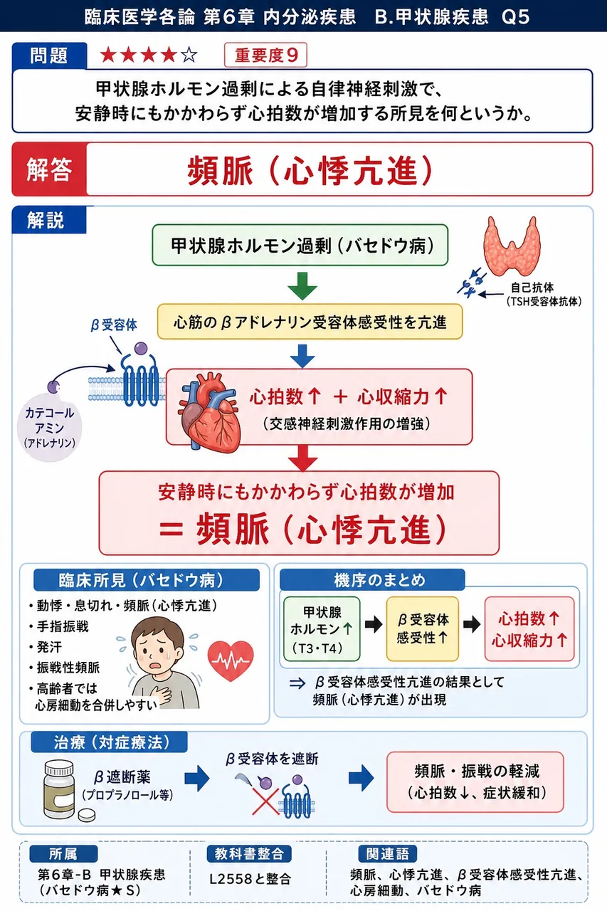甲状腺ホルモン過剰による自律神経刺激で、安静時にもかかわらず心拍数が増加する所見を何というか。 解説図