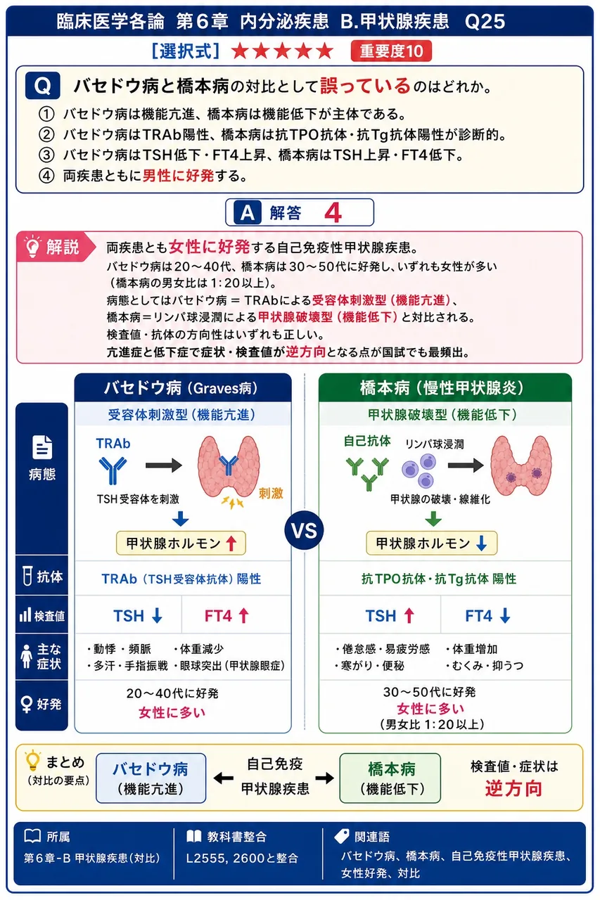 バセドウ病と橋本病の対比として**誤っている**のはどれか。 解説図