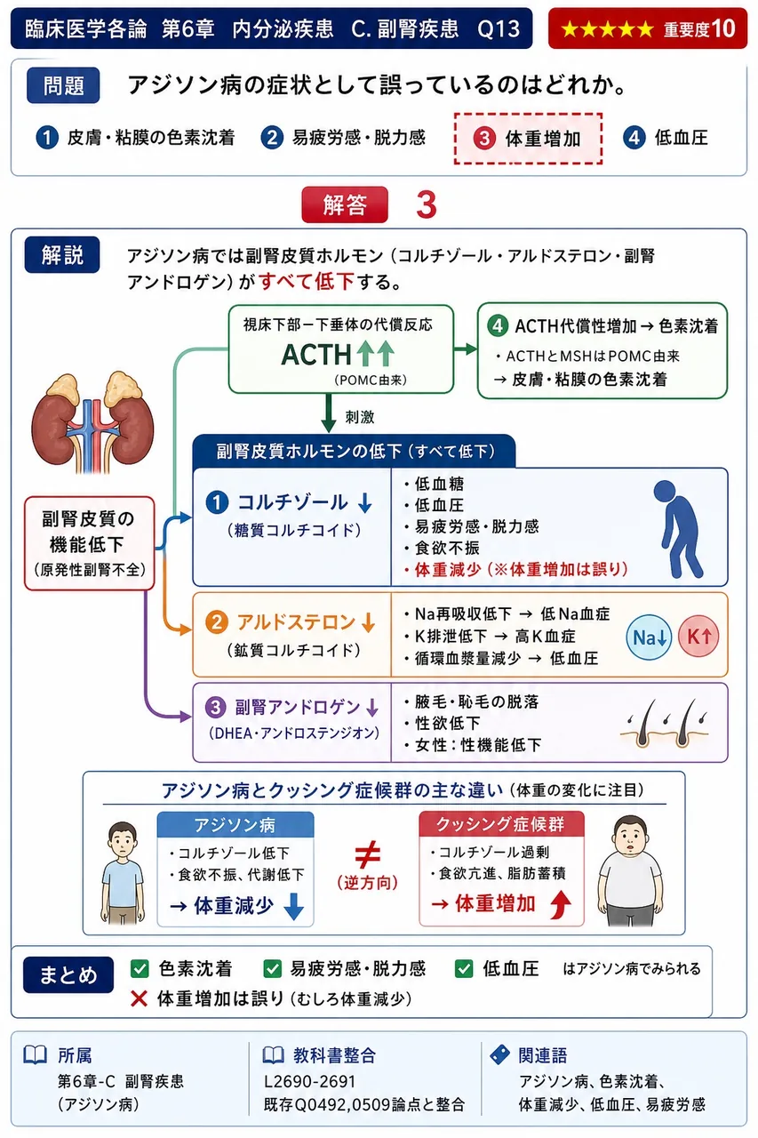 アジソン病の症状として**誤っている**のはどれか。 解説図