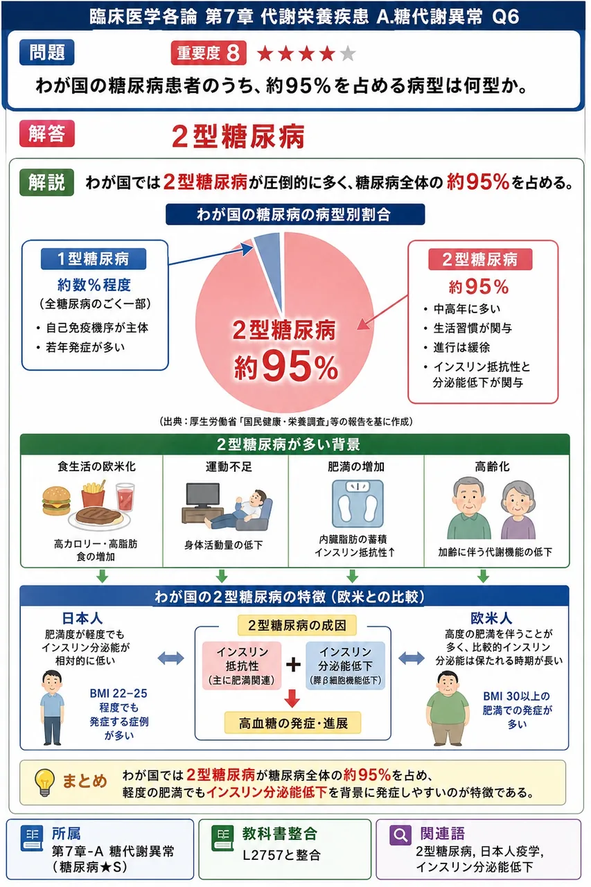 わが国の糖尿病患者のうち、約95%を占める病型は何型か。 解説図