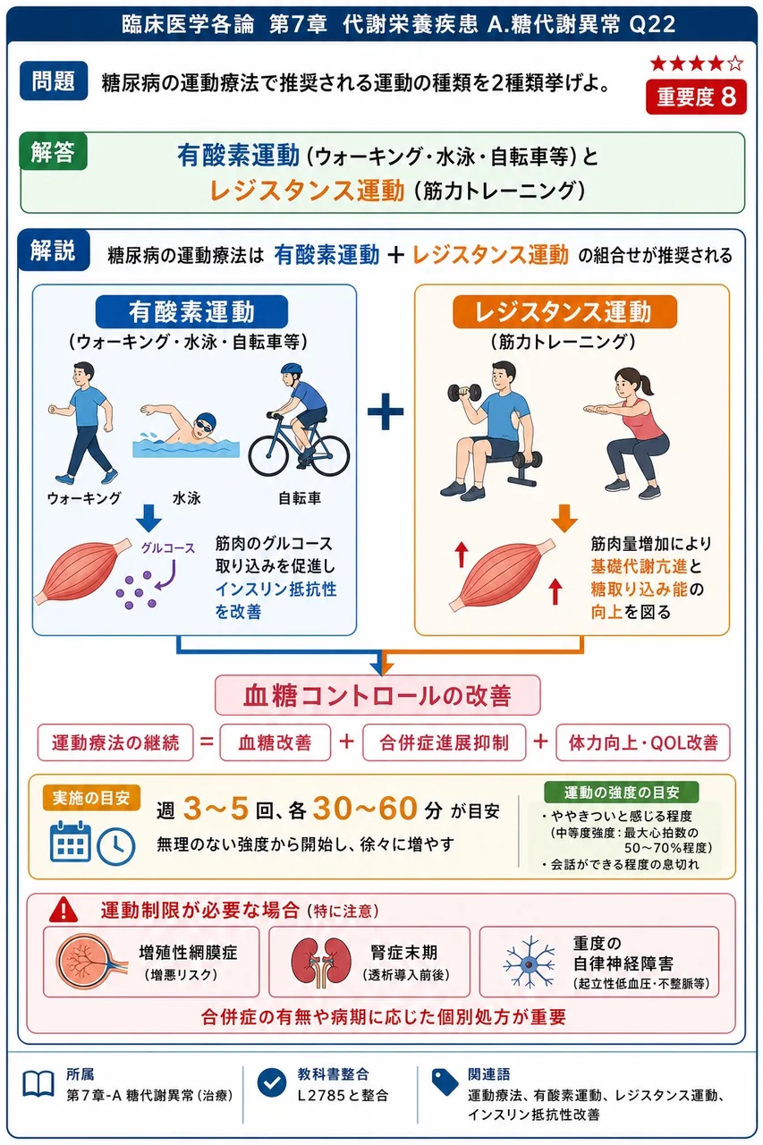糖尿病の運動療法で推奨される運動の種類を2種類挙げよ。 解説図