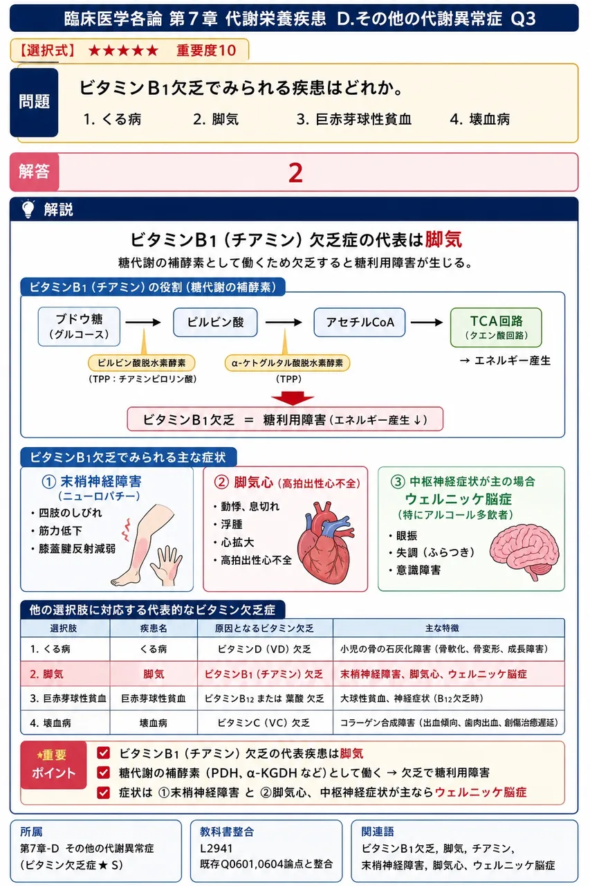 ビタミンB1欠乏でみられる疾患はどれか。 解説図