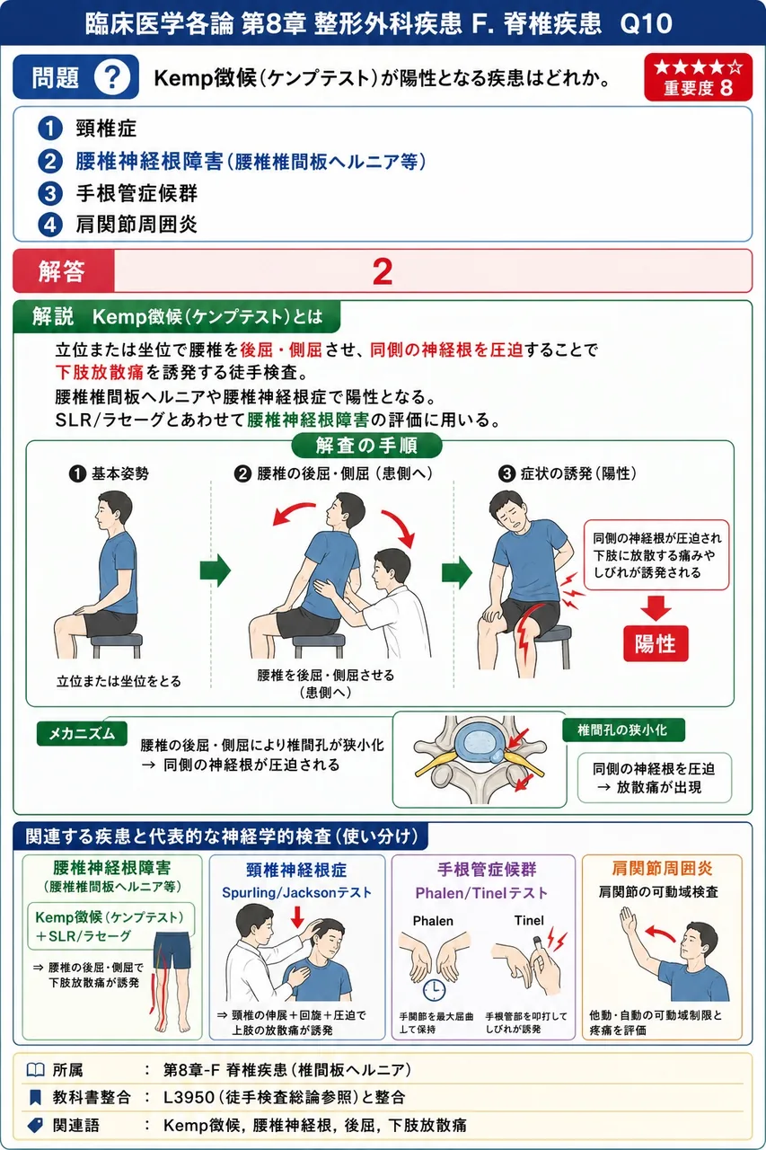 Kemp徴候(ケンプテスト)が陽性となる疾患はどれか。 解説図