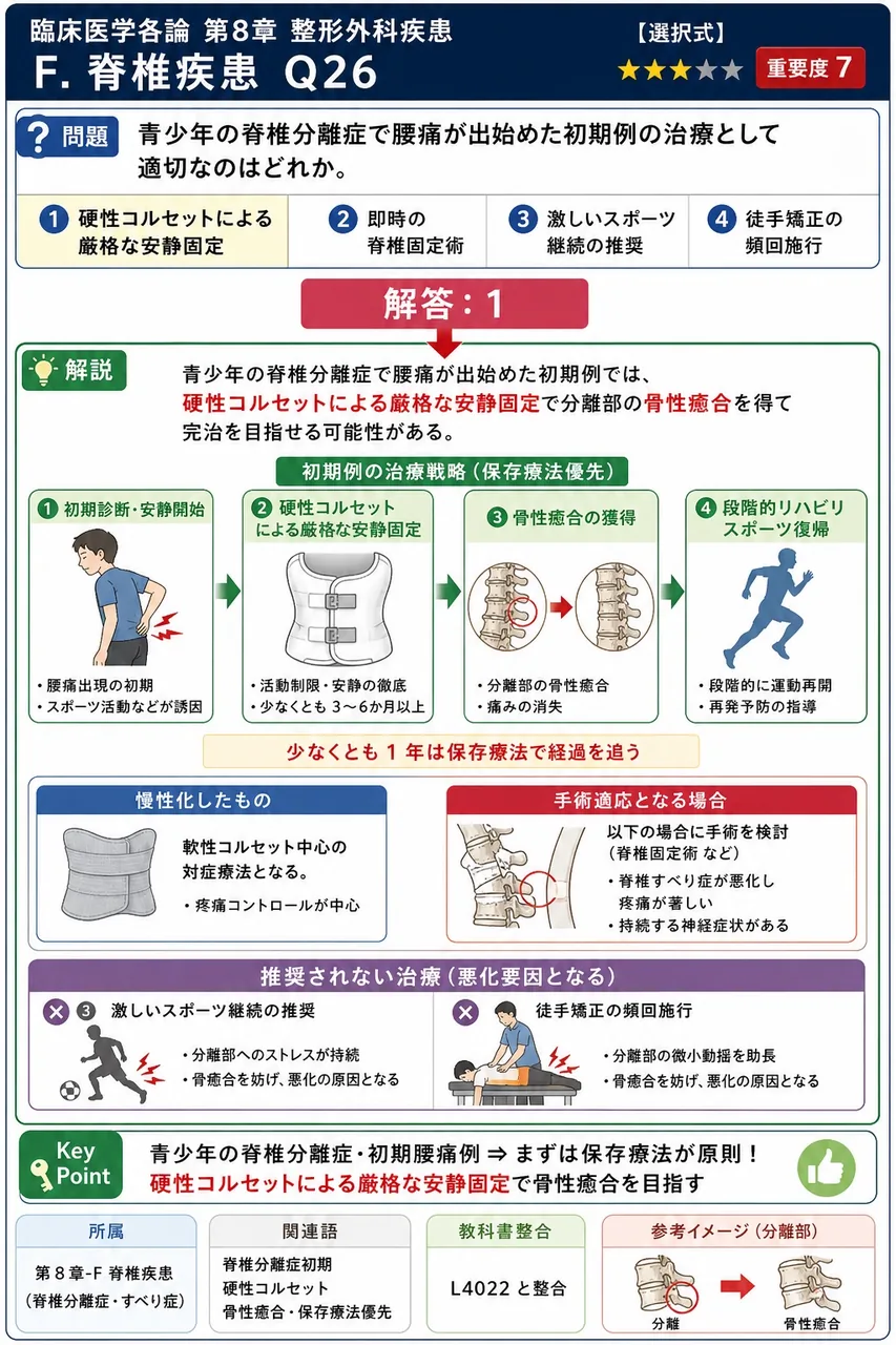 青少年の脊椎分離症で腰痛が出始めた初期例の治療として適切なのはどれか。 解説図