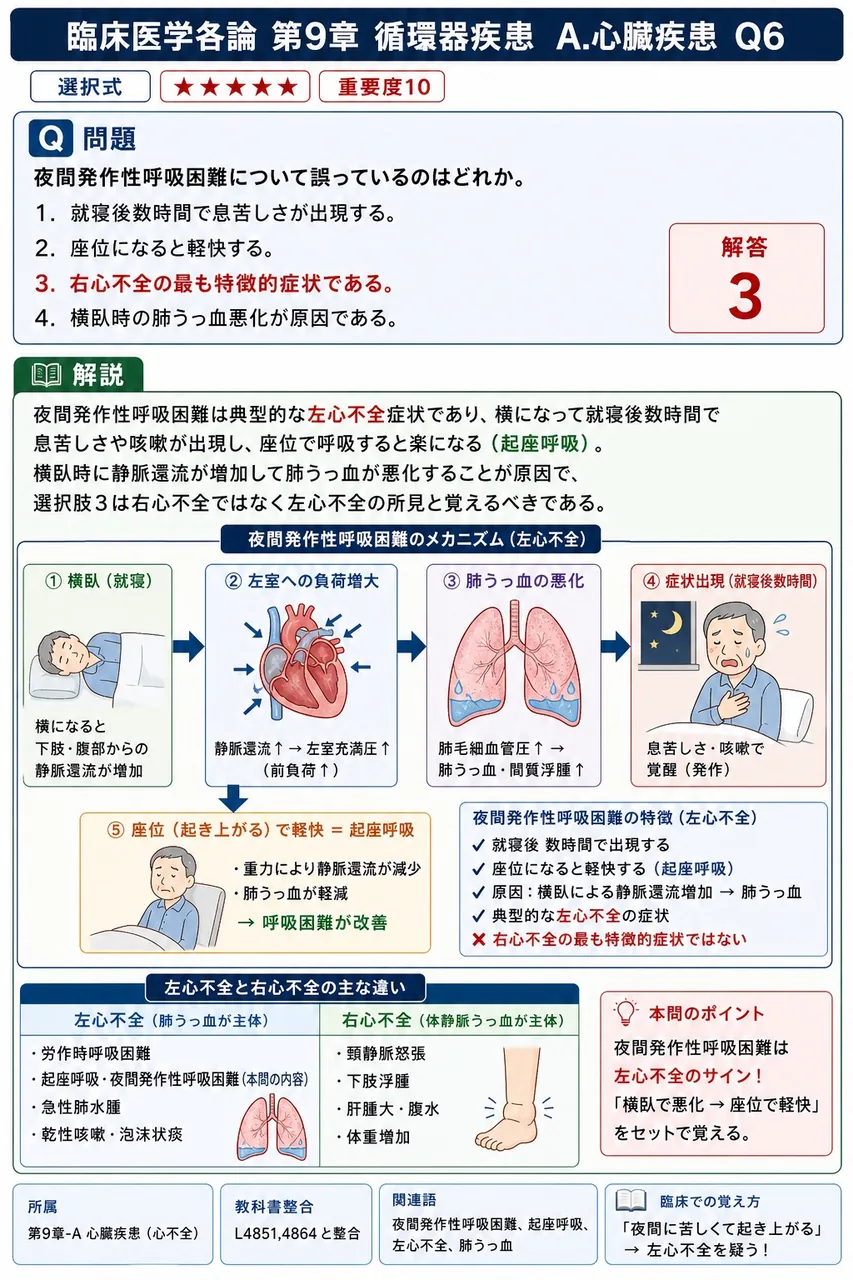 夜間発作性呼吸困難について誤っているのはどれか。 解説図