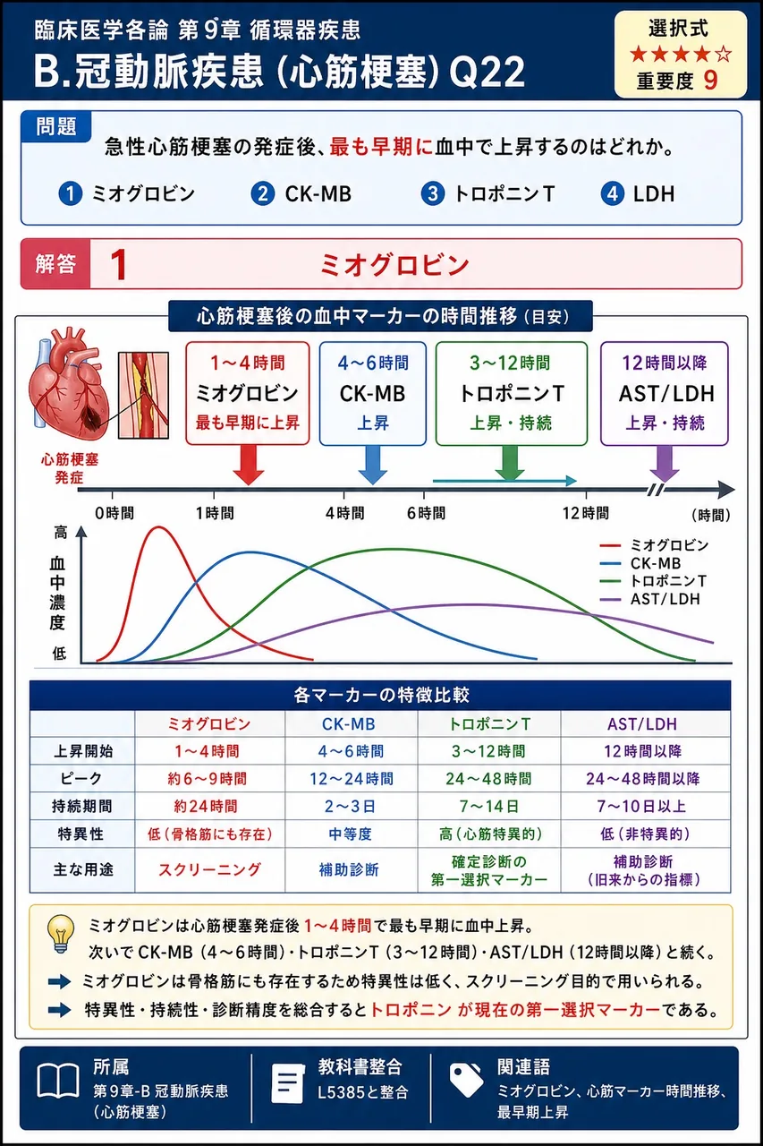 急性心筋梗塞の発症後、最も早期に血中で上昇するのはどれか。 解説図