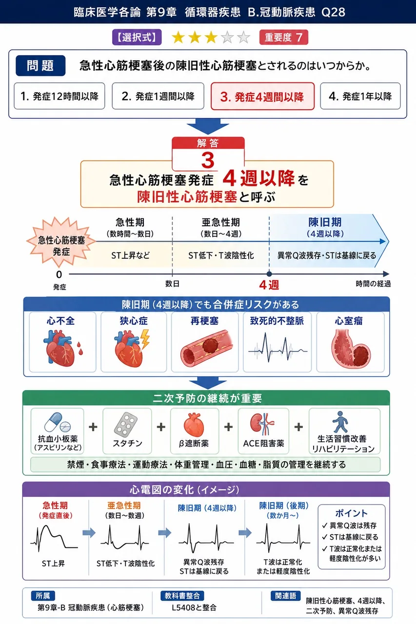急性心筋梗塞後の陳旧性心筋梗塞とされるのはいつからか。 解説図