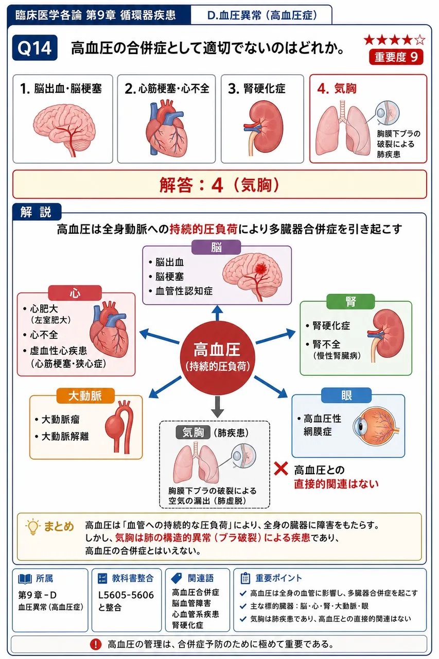 高血圧の合併症として適切でないのはどれか。 解説図