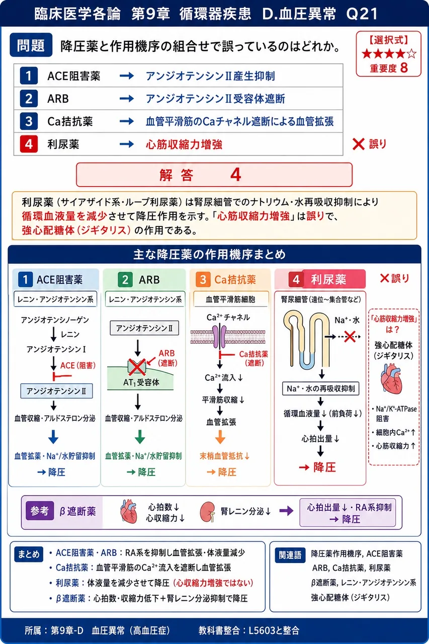 降圧薬と作用機序の組合せで誤っているのはどれか。 解説図