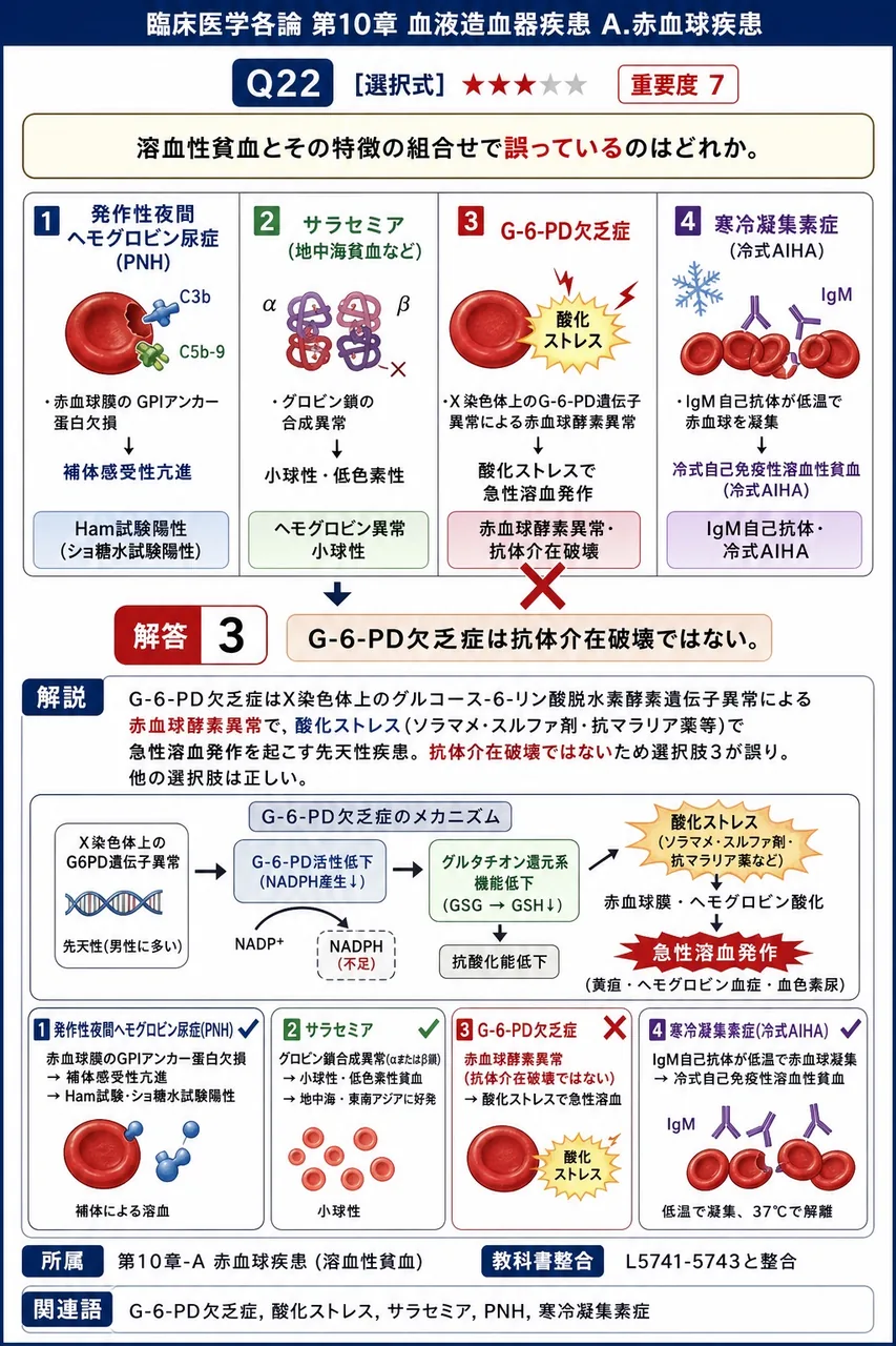 溶血性貧血とその特徴の組合せで**誤っている**のはどれか。 解説図