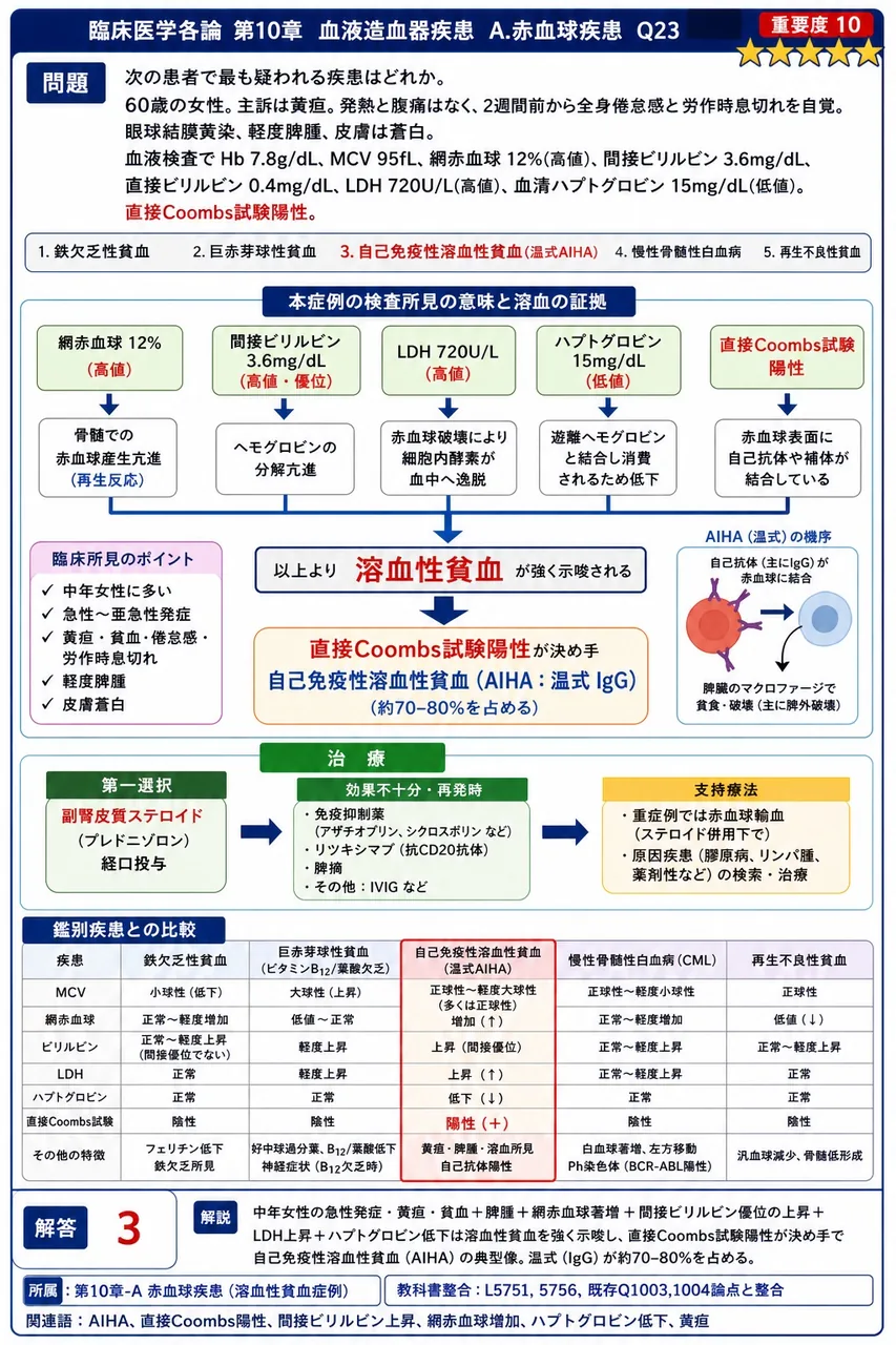 次の患者で最も疑われる疾患はどれか。 「60歳の女性。主訴は黄疸。発熱と腹痛はなく、2週間前から全身倦怠感と労作時息切れを自覚。眼球結膜黄染、軽度脾腫、皮膚は蒼白。血液検査でHb 7.8g/dL、MCV 95fL、網赤血球 12%(高値)、間接ビリルビン 3.6mg/dL、直接ビリルビン 0.4mg/dL、LDH 720U/L(高値)、血清ハプトグロビン 15mg/dL(低値)。直接Coombs試験陽性。」 解説図