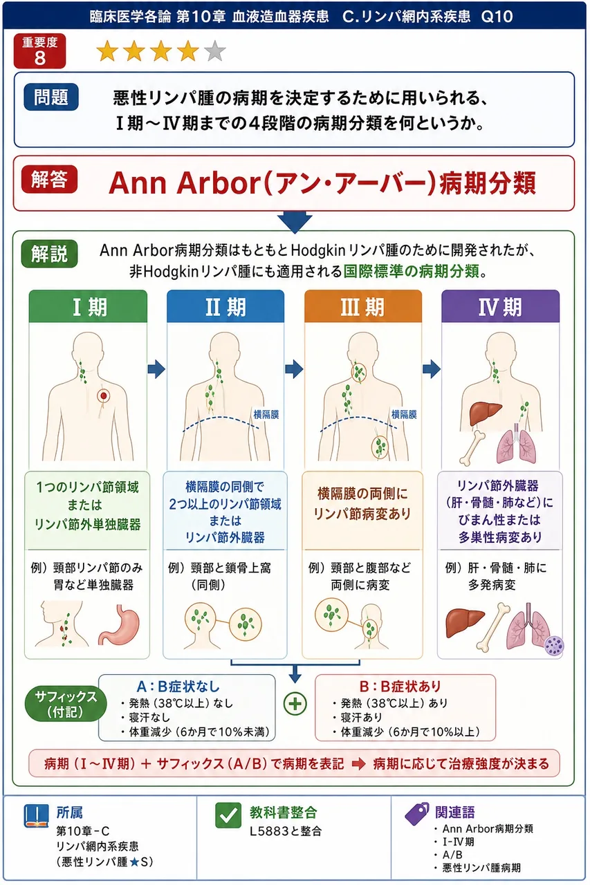 悪性リンパ腫の病期を決定するために用いられる、I期〜IV期までの4段階の病期分類を何というか。 解説図