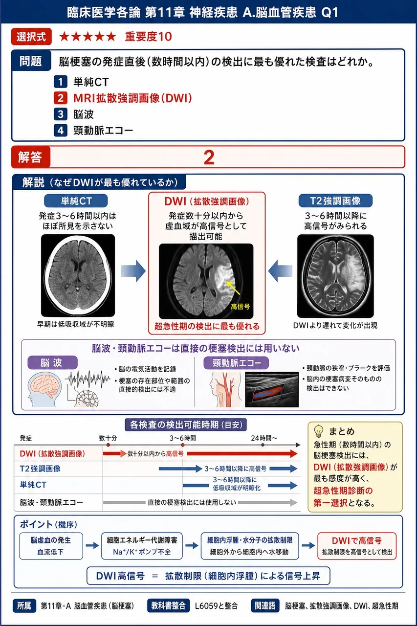 脳梗塞の発症直後(数時間以内)の検出に最も優れた検査はどれか。 解説図