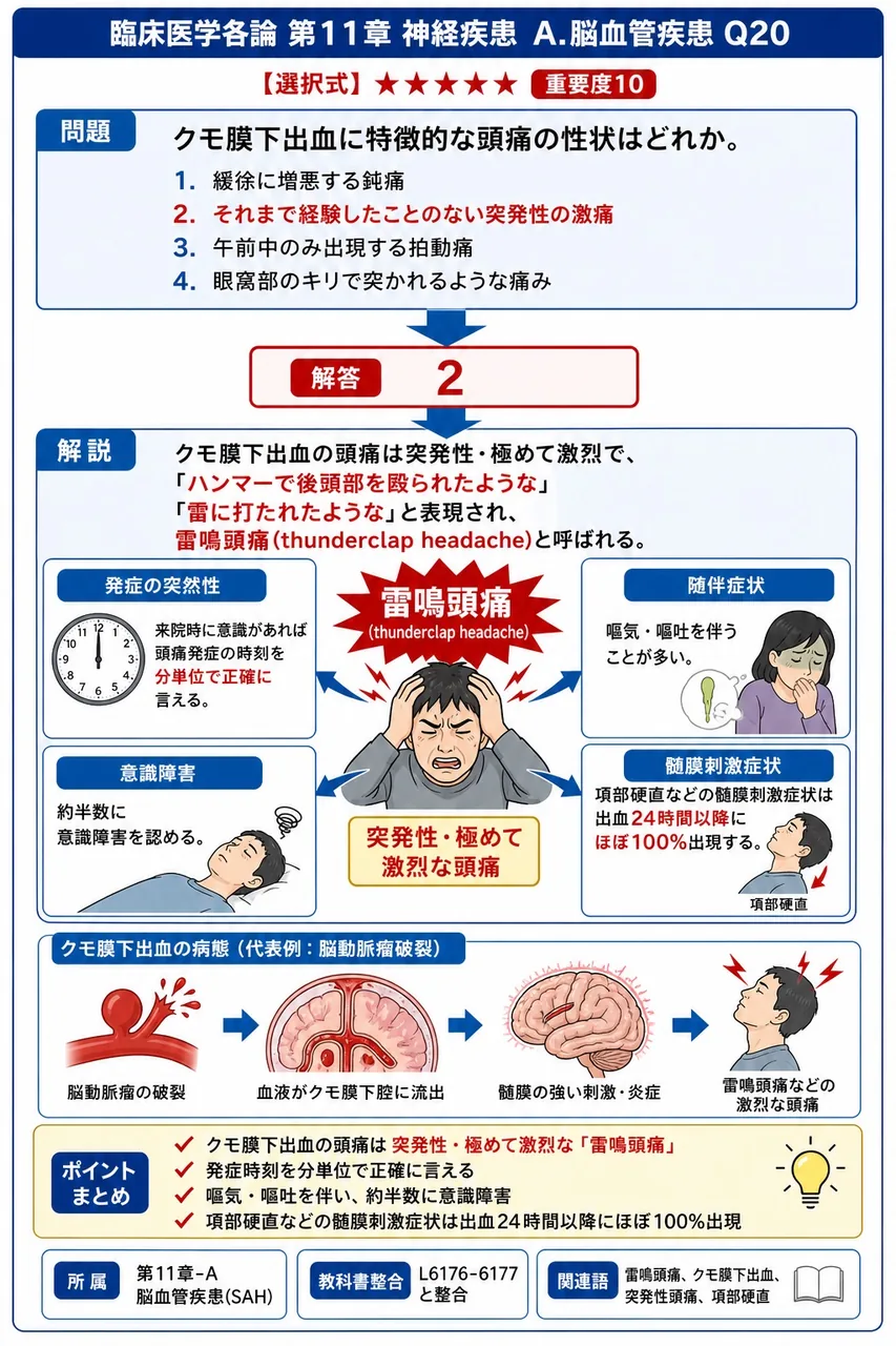 クモ膜下出血に特徴的な頭痛の性状はどれか。 解説図