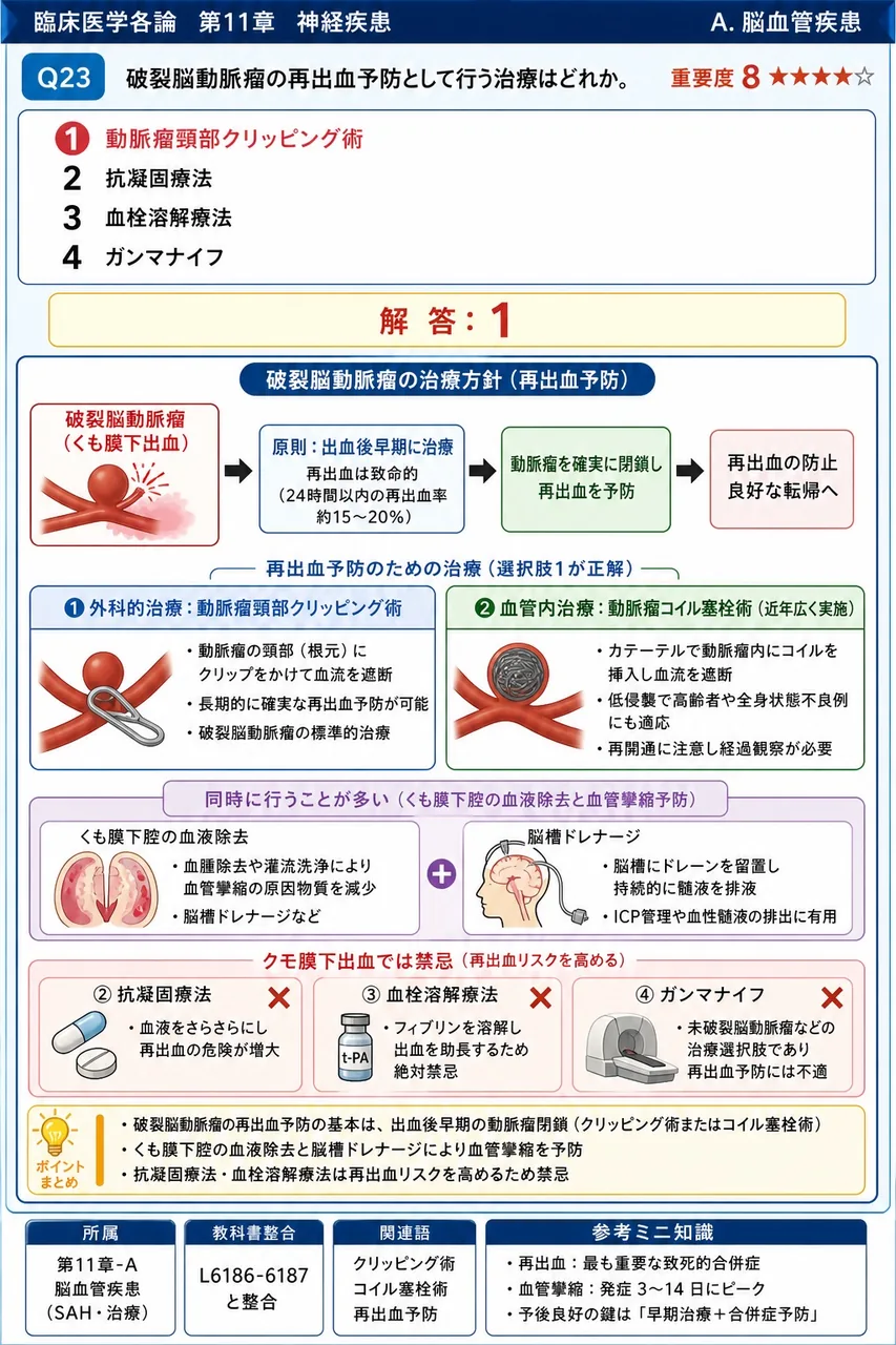 破裂脳動脈瘤の再出血予防として行う治療はどれか。 解説図