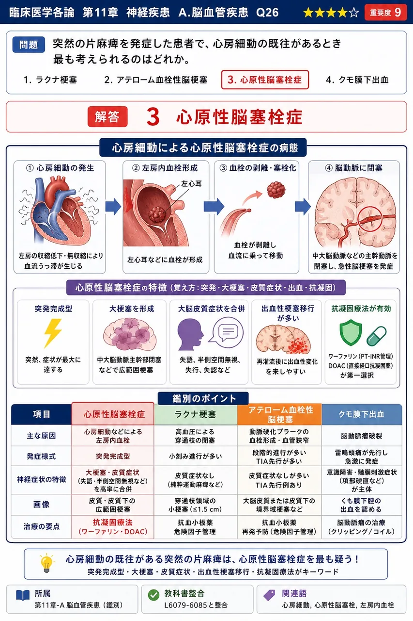 突然の片麻痺を発症した患者で、心房細動の既往があるとき最も考えられるのはどれか。 解説図