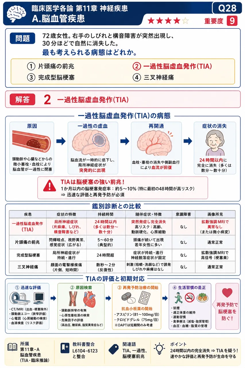 「72歳女性。右手のしびれと構音障害が突然出現し、30分ほどで自然に消失した。」最も考えられる病態はどれか。 解説図