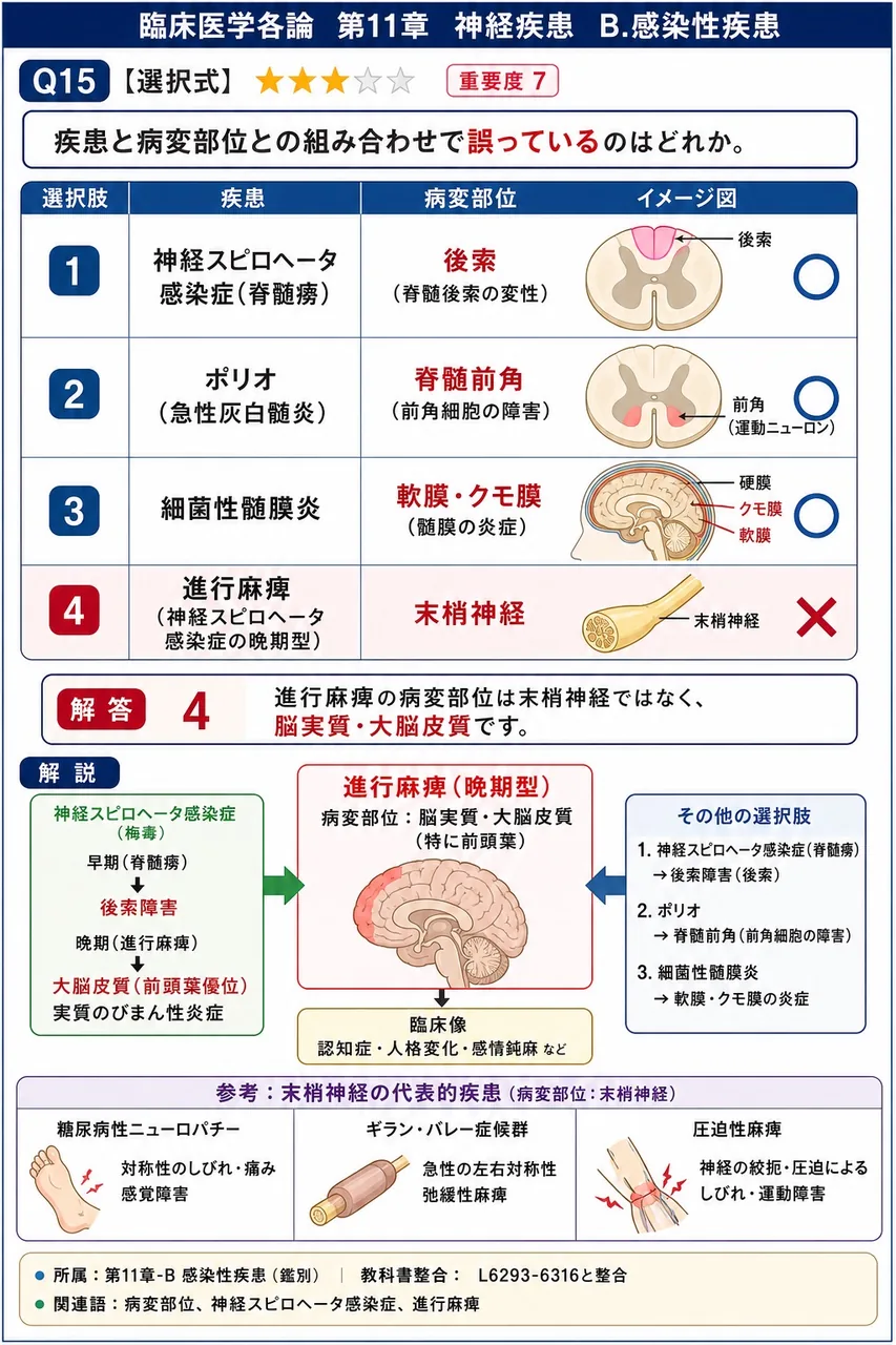 疾患と病変部位との組み合わせで誤っているのはどれか。 解説図