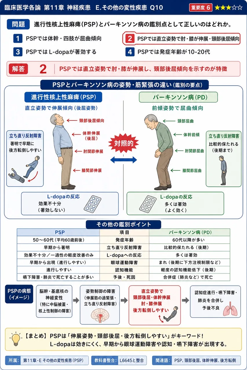 進行性核上性麻痺(PSP)とパーキンソン病の鑑別点として正しいのはどれか。 解説図