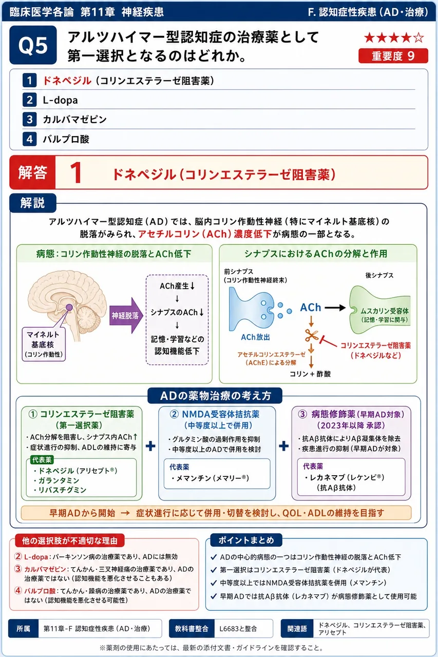 アルツハイマー型認知症の治療薬として第一選択となるのはどれか。 解説図