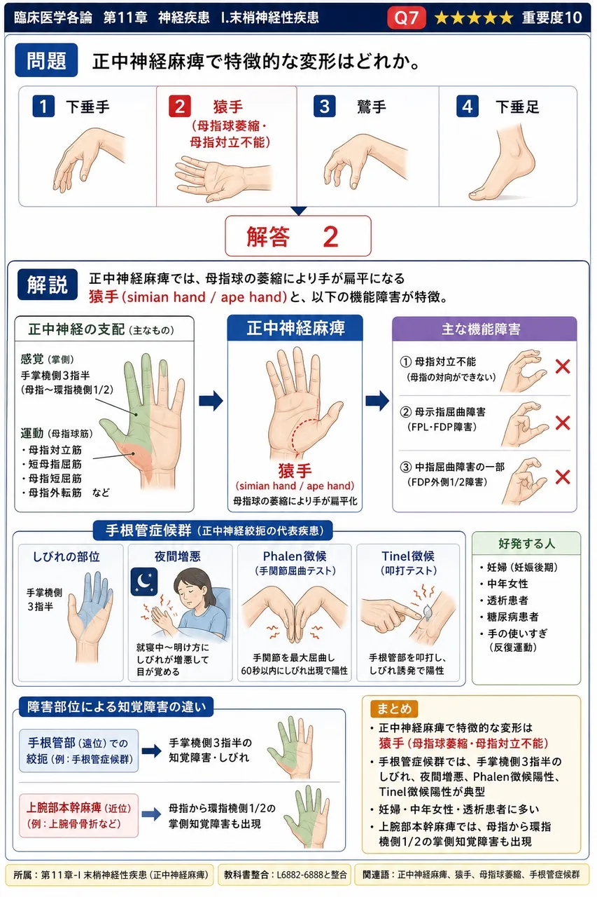 正中神経麻痺で特徴的な変形はどれか。 解説図
