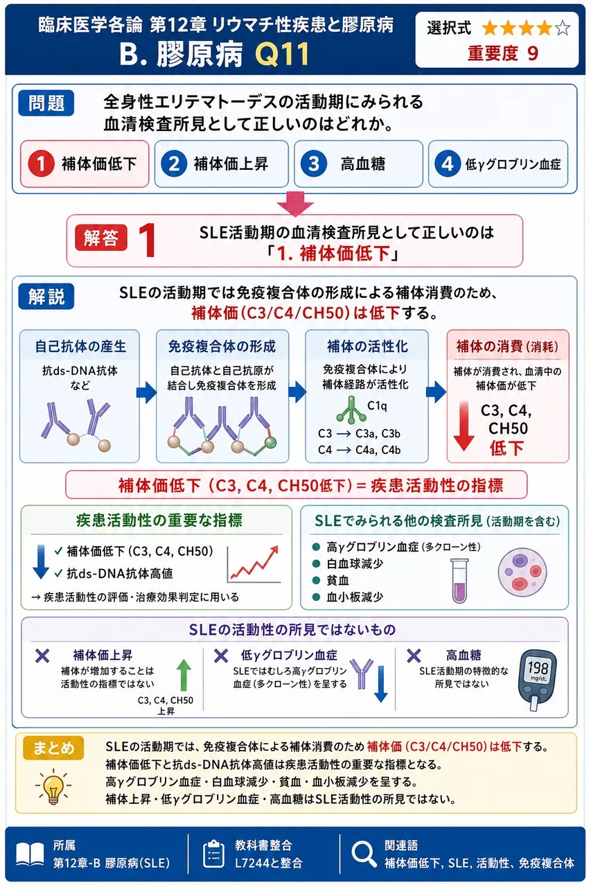全身性エリテマトーデスの活動期にみられる血清検査所見として正しいのはどれか。 解説図