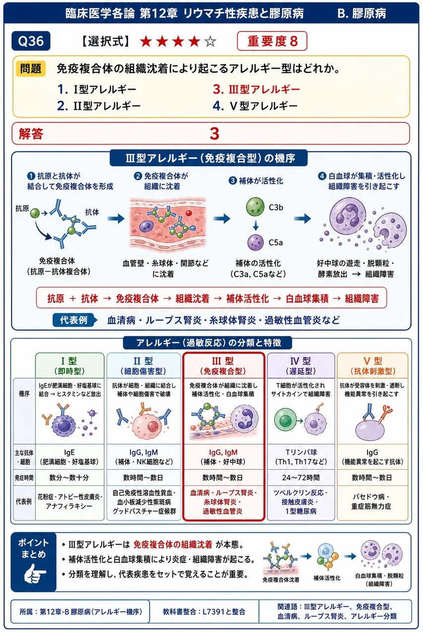 免疫複合体の組織沈着により起こるアレルギー型はどれか。 解説図