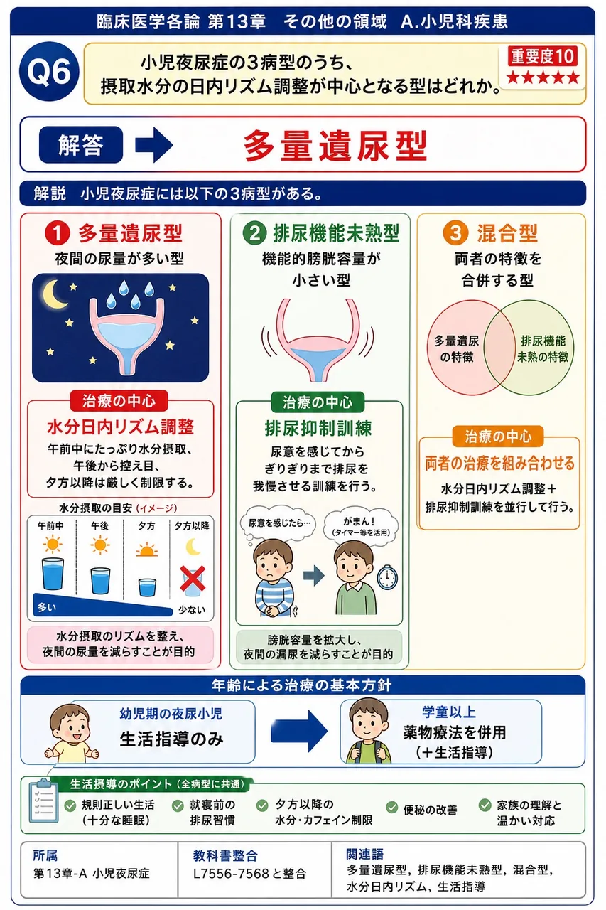 小児夜尿症の3病型のうち、摂取水分の日内リズム調整が中心となる型はどれか。 解説図