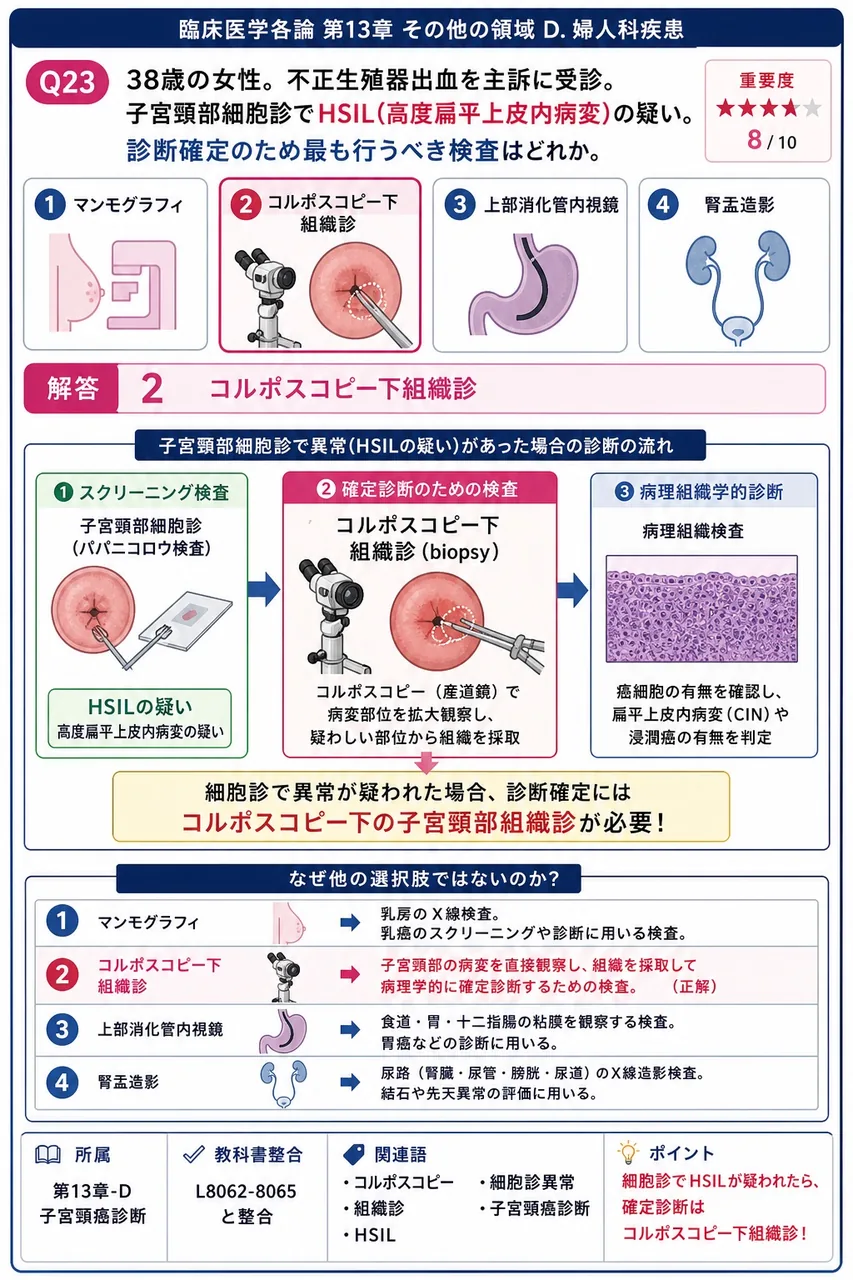 「38歳の女性。不正性器出血を主訴に受診。子宮頸部細胞診でHSIL(高度扁平上皮内病変)の疑い」。診断確定のため最も行うべき検査はどれか。 解説図