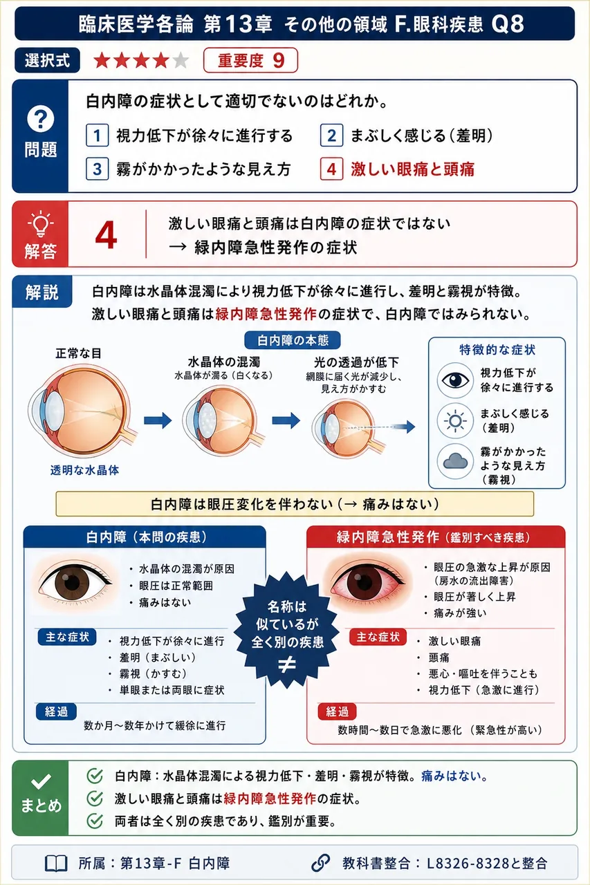 白内障の症状として適切でないのはどれか。 解説図