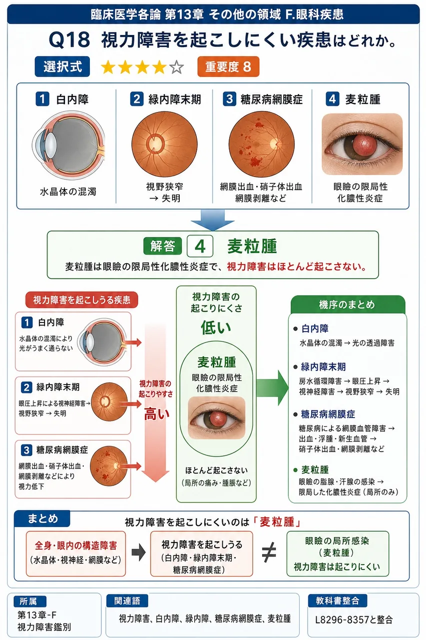 視力障害を起こしにくい疾患はどれか。 解説図