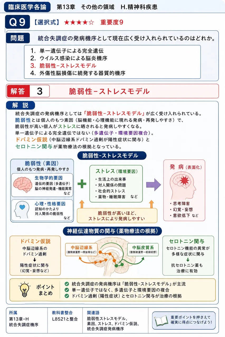 統合失調症の発病機序として現在広く受け入れられているのはどれか。 解説図