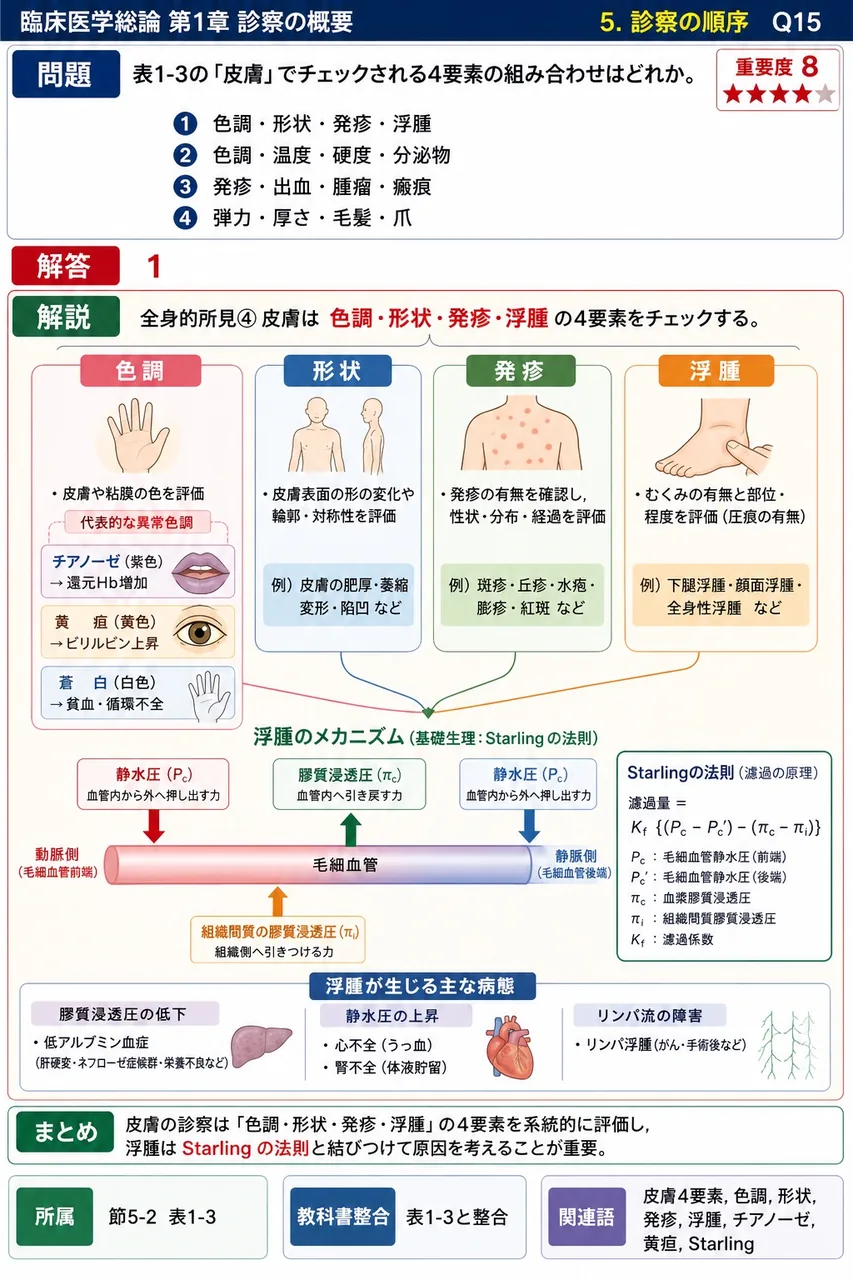表1-3の「皮膚」でチェックされる4要素の組み合わせはどれか。 解説図