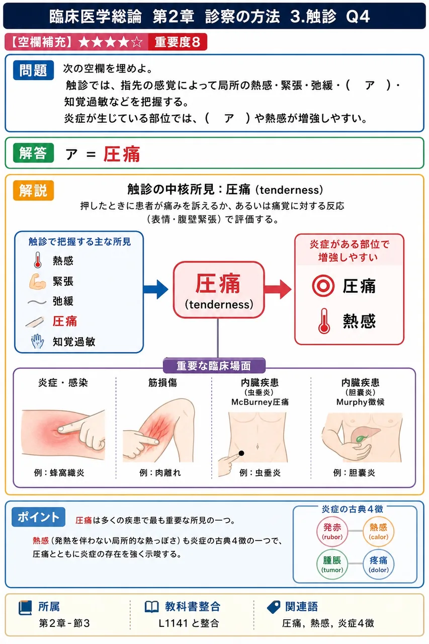次の空欄を埋めよ。 「触診では、指先の感覚によって局所の熱感・緊張・弛緩・( ア )・知覚過敏などを把握する。炎症が生じている部位では、( ア )や熱感が増強しやすい。」 解説図