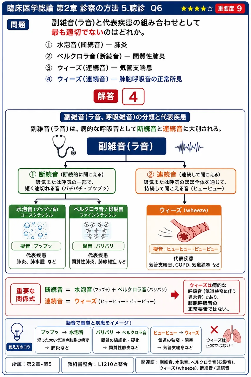 副雑音(ラ音)と代表疾患の組み合わせとして最も適切でないのはどれか。 解説図