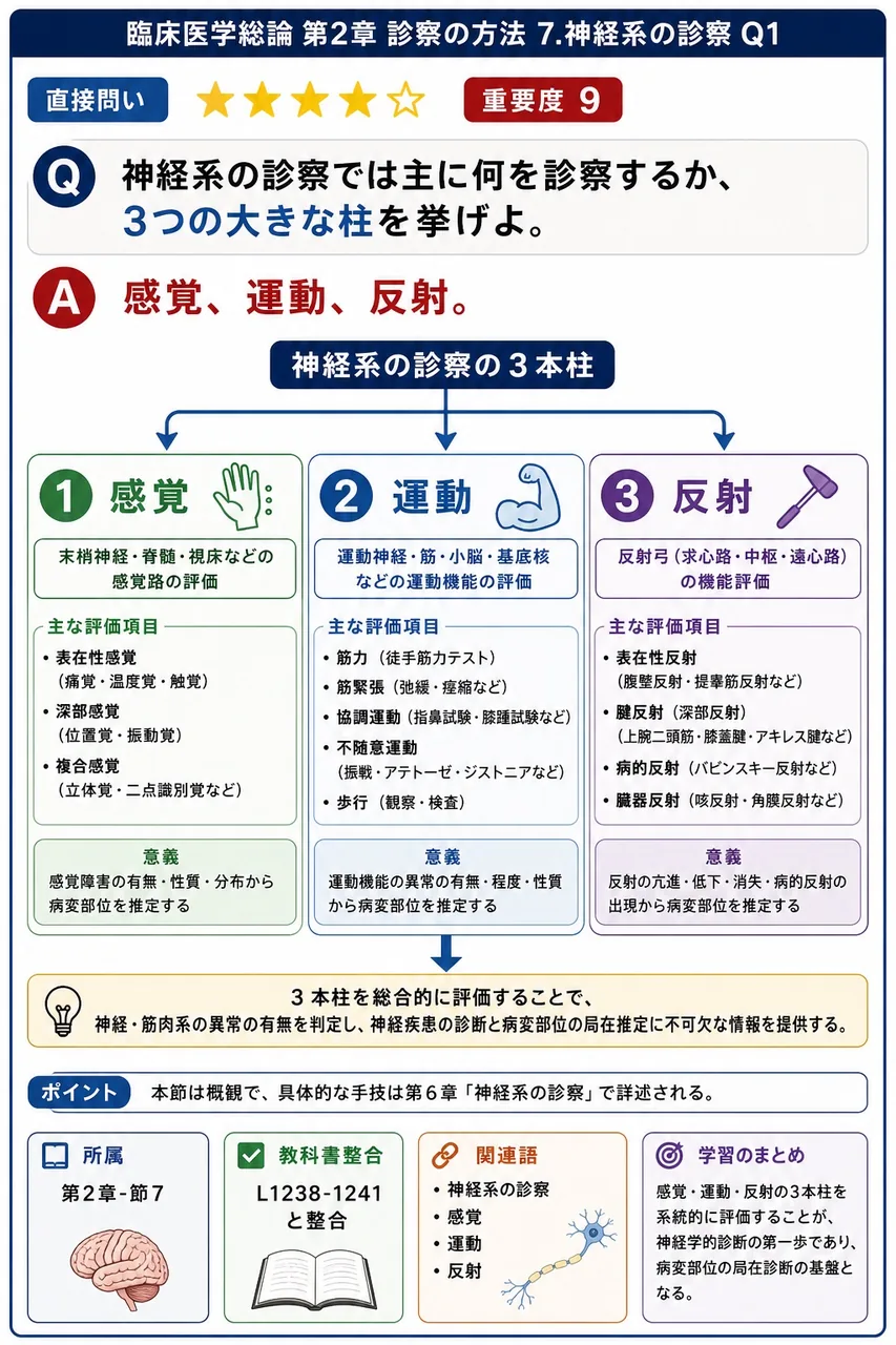 神経系の診察では主に何を診察するか、3つの大きな柱を挙げよ。 解説図