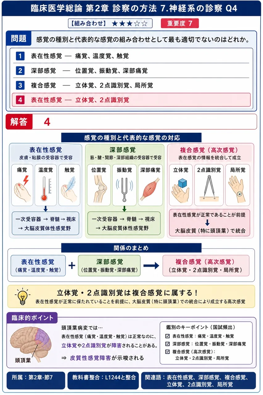 感覚の種別と代表的な感覚の組み合わせとして最も適切でないのはどれか。 解説図