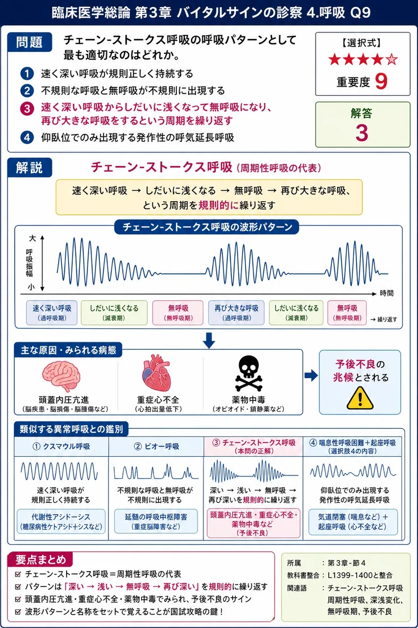 チェーン-ストークス呼吸の呼吸パターンとして最も適切なのはどれか。 解説図