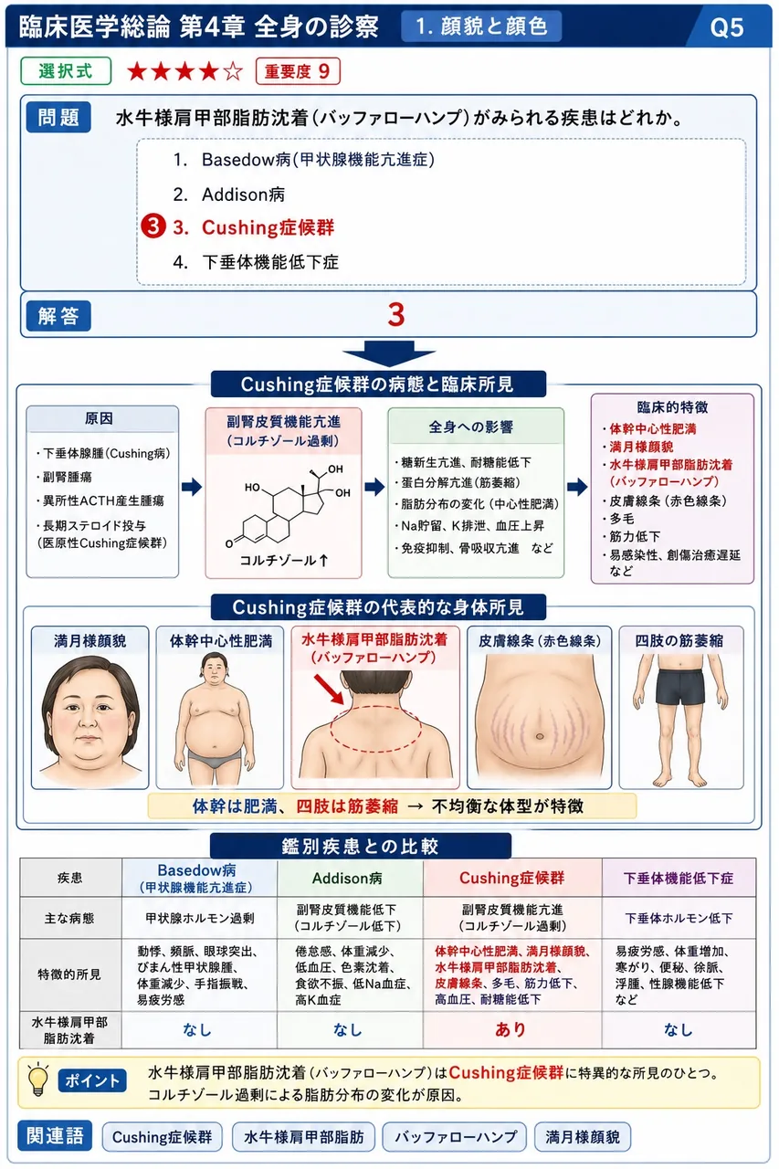 水牛様肩甲部脂肪沈着(バッファローハンプ)がみられる疾患はどれか。 解説図