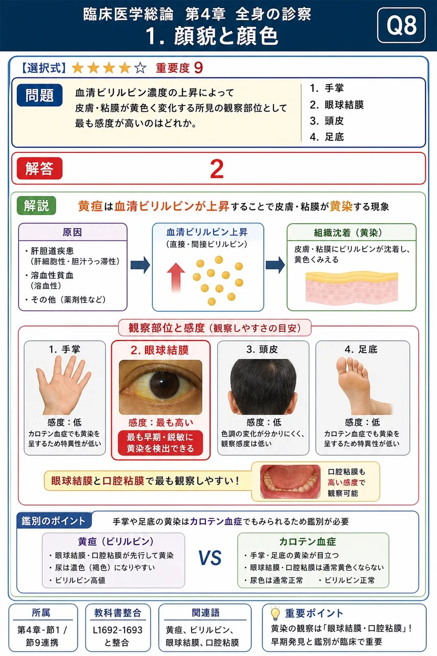 血清ビリルビン濃度の上昇によって皮膚・粘膜が黄色く変化する所見の観察部位として最も感度が高いのはどれか。 解説図