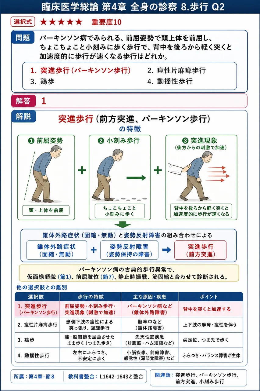 パーキンソン病でみられる、前屈姿勢で頭上体を前屈し、ちょこちょこと小刻みに歩く歩行で、背中を後ろから軽く突くと加速度的に歩行が速くなる歩行はどれか。 解説図